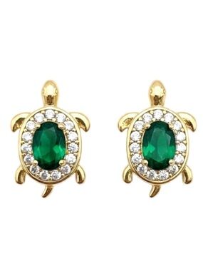 Simulated Emerald and Pave CZs Turtle Post Earrings 18K Gold Filled NIP